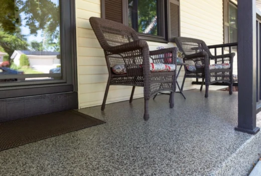 Epoxy flake flooring at front porch entrance to home